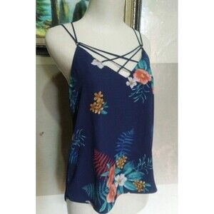 Express Women’s Navy Floral Vacation Strappy Criss Cross Tank Top Medium